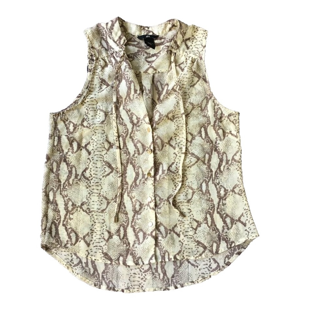 H&M Top Women 2 XS Sleeveless Sheer Chiffon Reptile Animal Print Tie Neck Cream